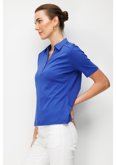 Kadın Polo Yaka İğne İşlemeli Pamuklu Penye T-shirt Sax Sax