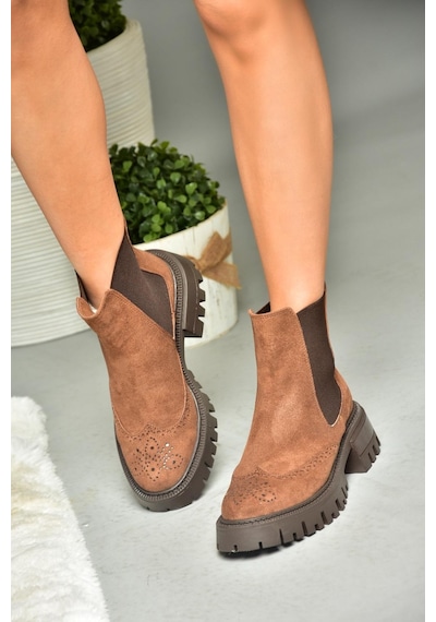 Fox Shoes R312152902 Taba Süet Kalın Tabanlı Kadın Bot Taba