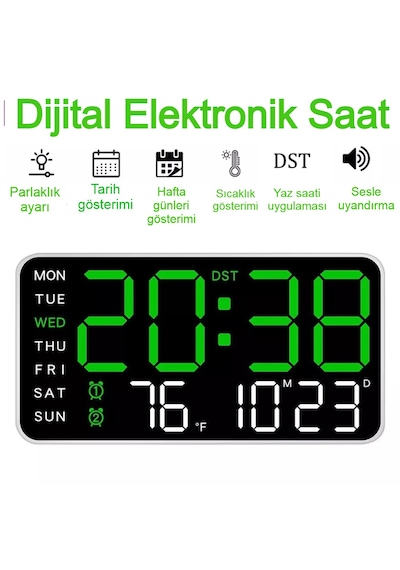 Ev Ve Ofis İçin Yeşil Led Duvar Saati Göz Yormayan Otomatik Işık Çift Alarm Sıcaklık Tarih Siyah