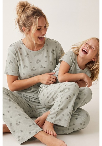 Siyah İnci Pamuklu Fitilli Kaşkorse Örme Pijama Takım 26120402 Yeşil
