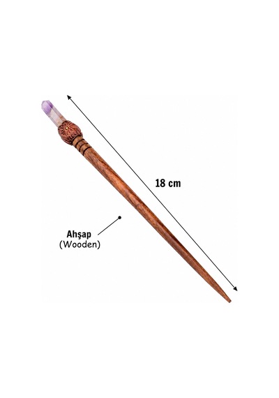 Mor Kristal Uçlu Ahşap Saç Çubuğu 18 Cm Bohem Topuz Aksesuarı Çok Renkli