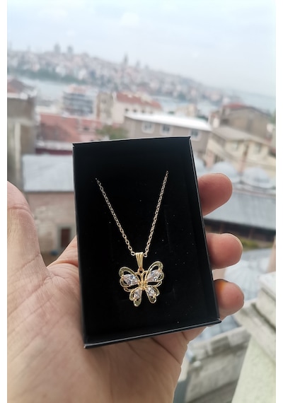 Ervanur Altın Kaplama Beyaz Zirkon Taşlı Kelebek Kolye Altın