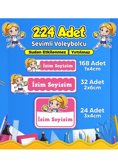 Voleybol Temalı Okul Kreş Kişiye Özel İsim Etiket Seti - Model 540 Çok Renkli