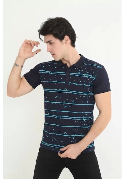 Erkek Yakalı Slim Fit Pike Çizgili T-shirt - Lacivert Lacivert