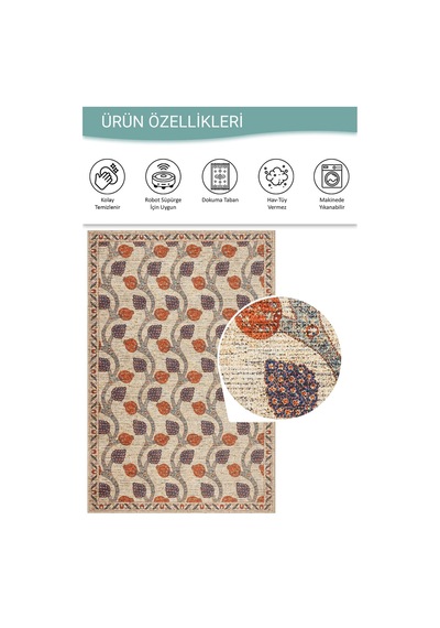 Artloop Nora Bej Vintage Dokulu Nar Desenli Dokuma Tabanlı Şönil Halı Al 487