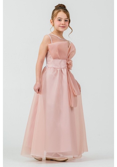 Mnk Baby & Kids Kız Çocuk Organze Tül Çiçek Ve Fiyonk Detaylı Gipe Sırtlı Prenses Abiye Elbise M00800 Pudra