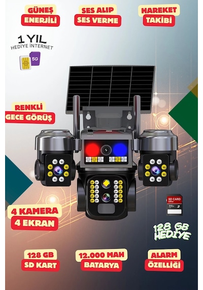 4k Simkartlı Güneş Enerjili 4 Kameralı Güvenlik Kamerası Renkli Gece Görüş Sesli 360 Derece W07
