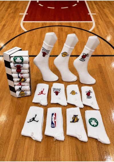 Özel Kutulu 8 Li Seri Basketbol Temali Kolej Tenis Çorap Beyaz