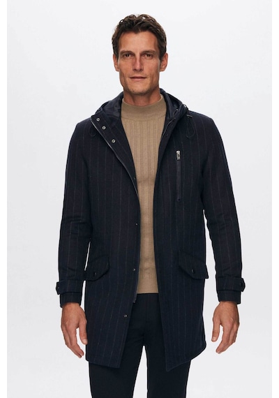 D's Damat Ds Damat Regular Fit Lacivert Çizgili Yünlü Kapüşonlu Kaşe Kaban 1HF08ORT10006 Lacivert