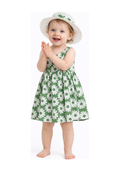 Chicsy Baby Tatlı Kız Bebek Papatya Desenli Tarz Elbise Şapkalı Yazlık Kombin Yeşil