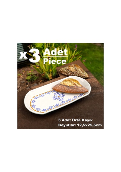 Ottoman 3 Adet Seramik Orta Boy Oval Kayık Kahvaltı Sunum Tabağı - 12,5x25,5cm Mavi