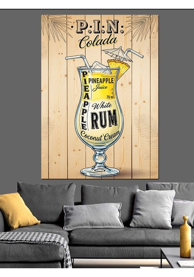 Ahşap Tablo Pina Colada Rom Kokteyli Afişi