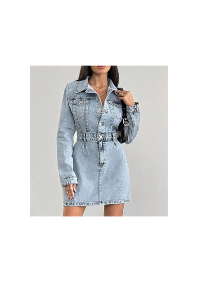 Kene Jeans Ön Pileli Düğme Kapamalı Kot Elbise Buz Kar