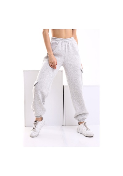 Winmoda34 Kadın Jogger Kalın 3 Iplik Yandan Cepli Kargo Eşofman Altı Gri