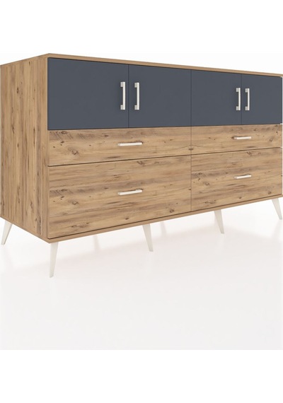 Kronos Konsol 2 Raflı 4 Çekmeceli 4 Kapaklı 176x59x99 Çam-antrasi Çam-antrasit/çam