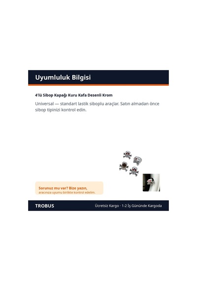 Trobus 4'lü Sibop Kapağı Kuru Kafa Desenli Krom
