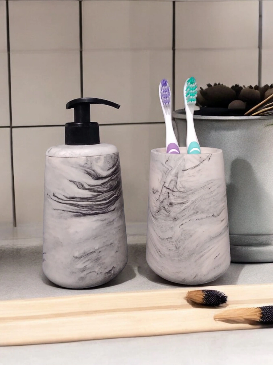 Mermer Desenli Gri Beton Banyo Seti Sıvı Sabunluk Aksesuar Takım Gri