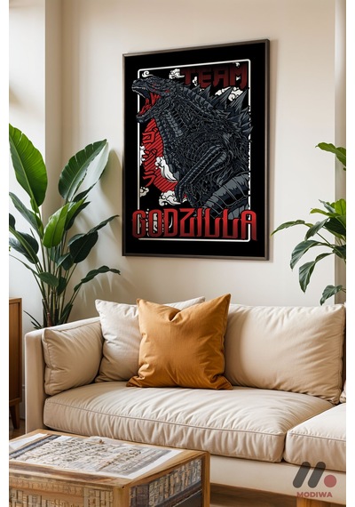 Godzilla Retro Poster, Siyah Çerçeveli Duvar Tablosu - Anime Severlere Özel Hediye