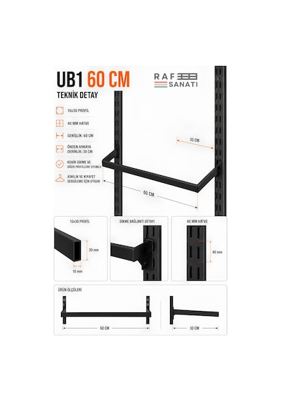 10 Adet - Ub1 60 Cm U Tipi Mağaza Askılığı 30 Cm Derinlik 40 Hatve - Konik Dikme Profil Uyumlu Elbise Askı Kolu Siyah