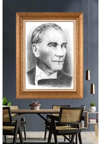 Altın Varaklı Çerçeveli Paspartulu Atatürk Tablo Hk3107