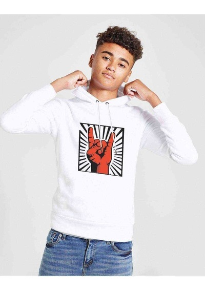 Tshirthane Rock'N Roll El Işareti Baskılı Unisex Çocuk Kapüşonlu Beyaz Sweat Beyaz