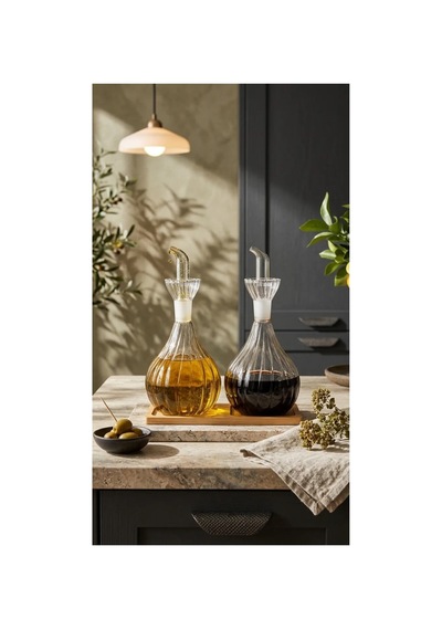 2 Adet 900 Ml Borosilikat Tombul Çizgili Cam Yağdanlık Ve Bambu Stant Yağlık Sirkelik Seti Beyaz Beyaz