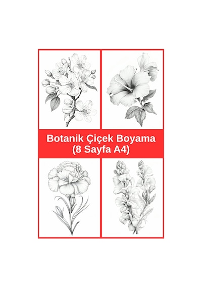 Botanik Çiçek Boyama Sayfaları 5, 8 Adet A4 Boyut .