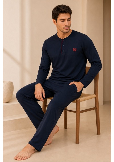 Loule Erkek Lacivert Penye Yazlık Kışlık Pijama Takımı 4 Parça