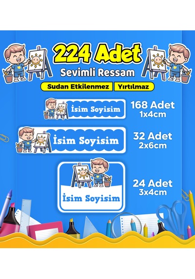 Sevimli Ressam Okul Kreş Kişiye Özel İsim Etiket Seti - Model 495 Çok Renkli