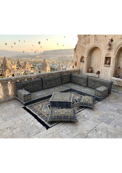 Turkıshrug Kıngdom Geleneksel Anadolu Serisi Gri Şark Köşesi Takımı - 13 Parça Süngerli Tam Set Kilim & Puf Hediyeli