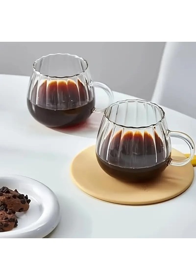 2 Adet Ateşe Dayanıklı 400 Ml Çizgili Borosilikat Cam Kupa Bardak Mıt1100 Genel