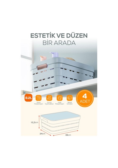 Vienev 4'lü Kapaklı 8,2 Litre Saklama Kutusu Beyaz Beyaz