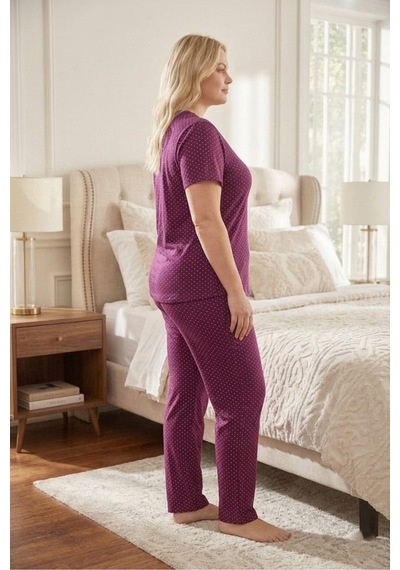 Eyfuze Kadın Büyük Beden Yakası Düğmeli Kısa Kollu Bambu Pijama Takımı Mürdüm-1