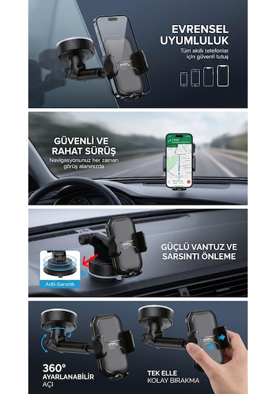Vakumlu Araç İçi Telefon Tutucu Uzatılabilir Ve Ayarlanabilir Kol Otomatik Kilit Sistemi Mt6088