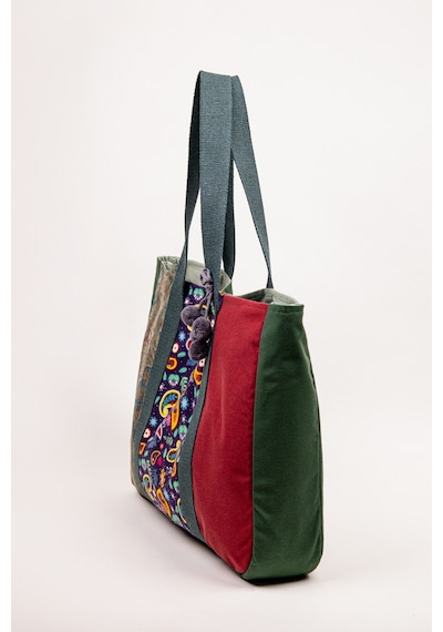 Fabric Craft Bag Omuz Çantası Kadın Duck Kumaş Desenli Büyük Boy Günlük Çanta Yeşil - Kırmızı