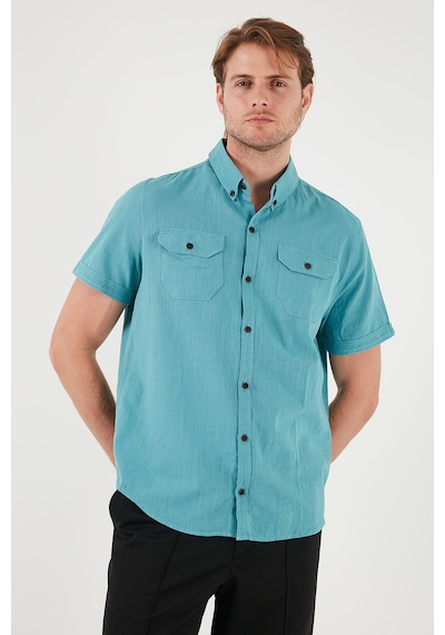 Buratti Düğmeli Yaka Pamuklu Slim Fit Cepli Erkek Gömlek Cf21S111153 Petrol