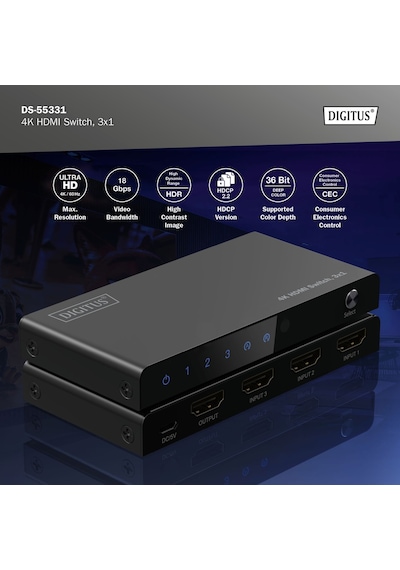 Digitus 3x1 Hdmı Switch, 4k/60hz Hdcp 2.2 Kumandalı Geçiş Kontrolü
