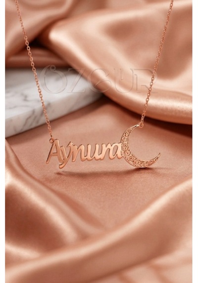 925 Ayar Gümüş Hilal Figürlü İsimli Kolye Rose Gold
