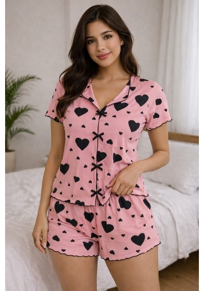 Kadın 01658 Kaşkorse Şortlu Pijama Takımı Pembe