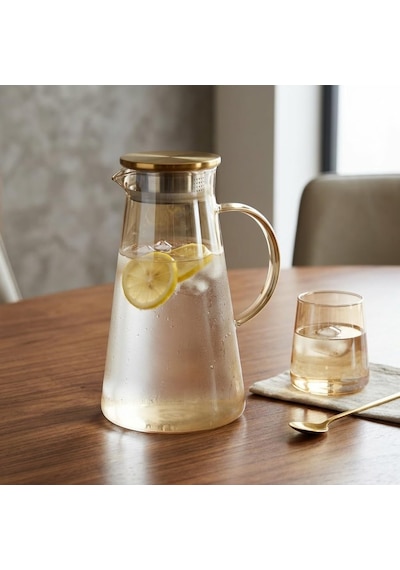 Deconox Borosilikat Cam Sürahi 1.9 Litre - Isıya Dayanıklı, Gold Renk Luster Boyalı Ve Paslanmaz Çelik Süzgeçli