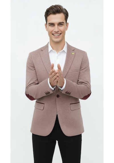 Plus Scorpion Açık Pembe Erkek İtalyan Kesim Blazer Ceket Kol Yamali, Slim Fit, Şık Ve Modern Tasarım Pembe