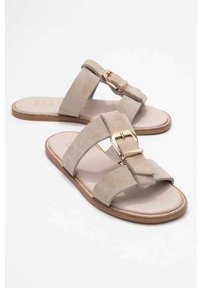 Luvishoes Luvi Shoes Sveta Bej Süet Tokalı Hakiki Deri Kadın Terlik Bej