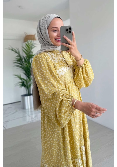 Kahijab Çiçek Desenli Kuşaklı Elbise - Sarı Sarı