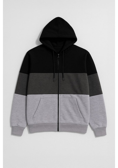 Markapia Erkek Fermuarlı Kapüşonlu Cepli İçi Polarlı Parçalı Sweatshirt Siyah