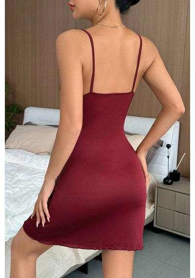 No 35 Kadın Bordo Bacak Yırtmaçlı Siyah Dantelli Ve Fiyonklu Şık Gecelik Bordo Bordo