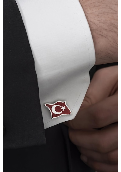 Yüzük Sanatı Ayyıldız Türk Bayrağı Mineli Gümüş Kol Düğmesi