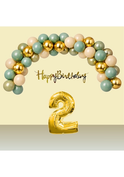 2 Yaş Retro Gold Kromgold Küfyeşili Kumbeji Balon Happy Birthday Banner Gold Rakam Doğum Günü Süsü Çok Renkli