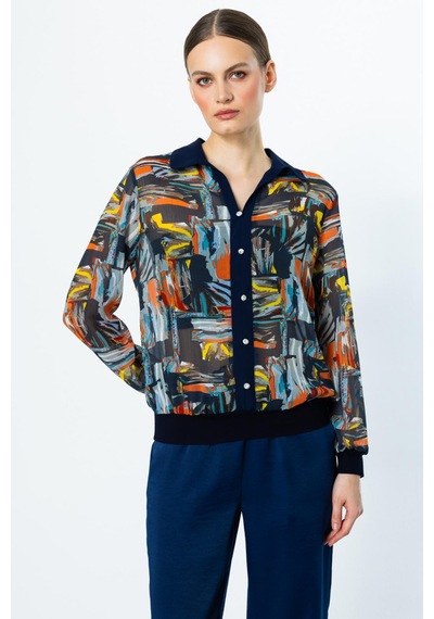 On Fashion Bluz Renkli Desenli Düğmeli Lacivert