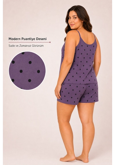 Bravie Kadın Büyük Beden İp Askılı Yakası Dantelli Mor Puantiye Desenli Yazlık Pijama Takımı