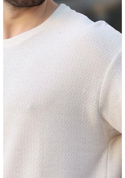 Madmext Ekru Bisiklet Yaka Oversize Erkek T-shirt E7134 Ekru
